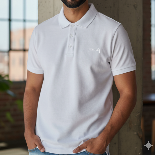 Person wearing a white polo shirt with a logo, standing indoors.