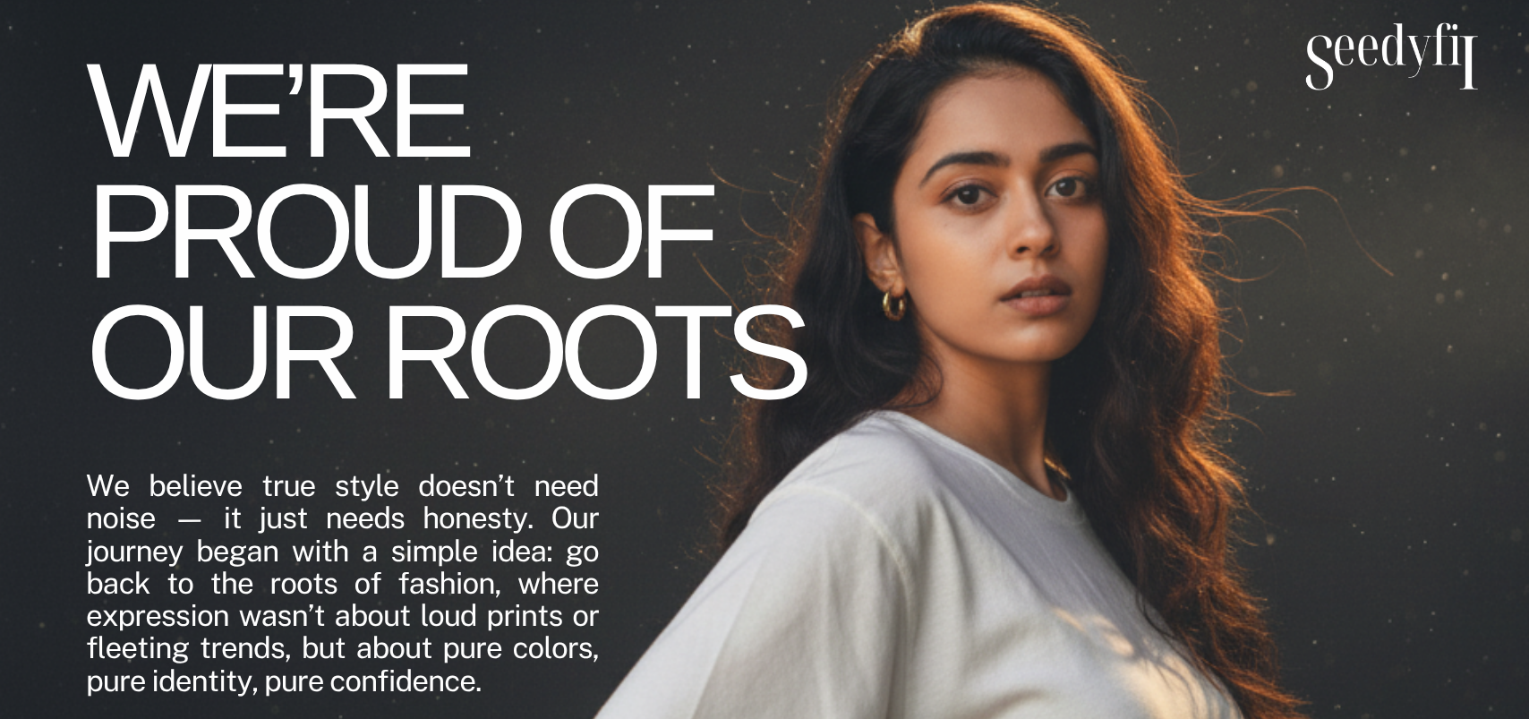Woman wearing a white t-shirt with text about pride in roots and style on a dark background