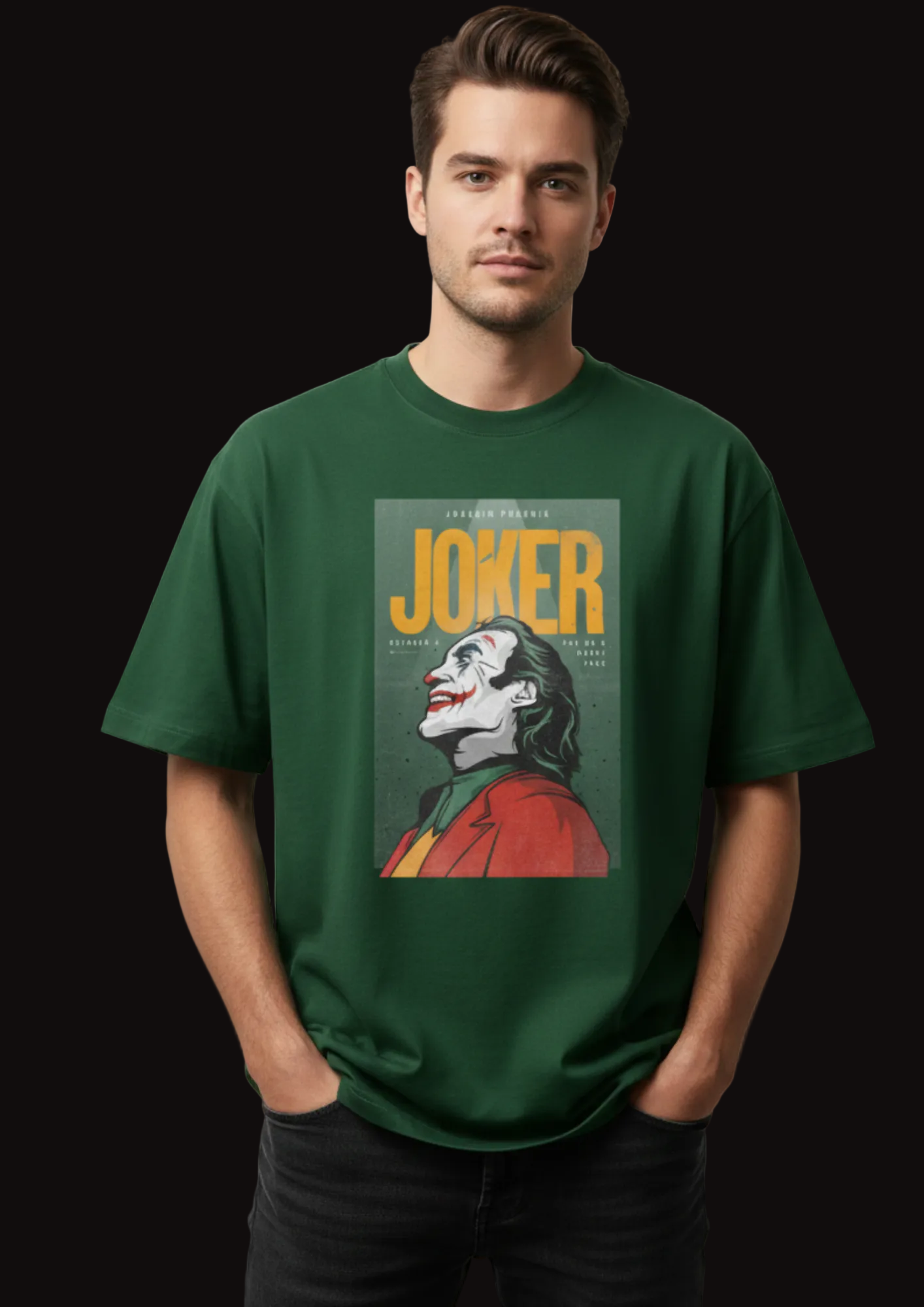 Man wearing a green t-shirt with a graphic of the Joker from 'The Dark Knight' movie.