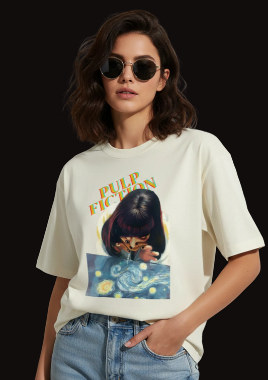 Person wearing a 'Pulp Fiction' themed t-shirt with a graphic design on a plain background