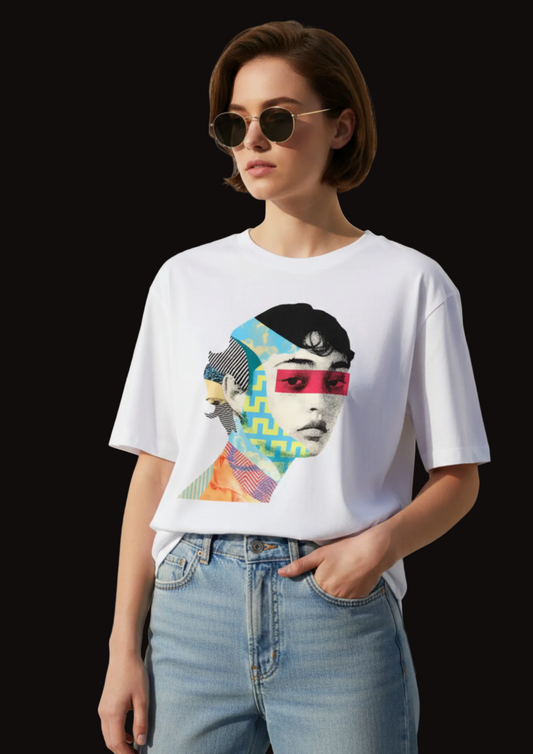 Person wearing a white t-shirt with a colorful graphic design, standing against a plain background.