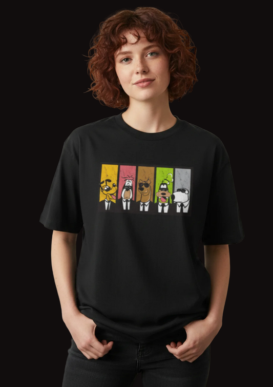 Person wearing a black t-shirt with colorful graphic design on a plain background