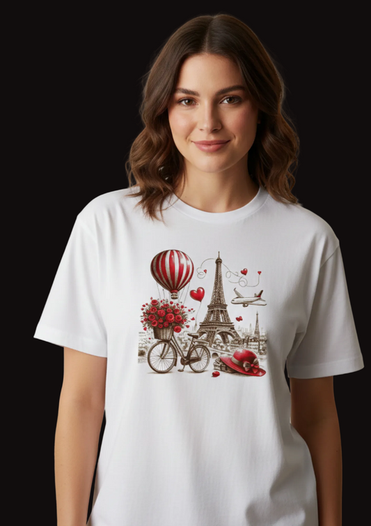 Woman wearing a white t-shirt with a Paris-themed design featuring the Eiffel Tower, hot air balloon, and bicycle.