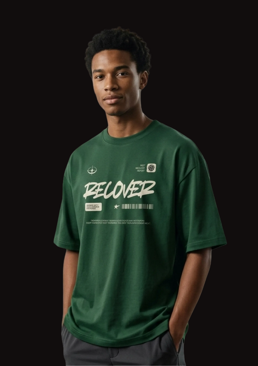 Man wearing a green t-shirt with 'RECOVER' text on a white background