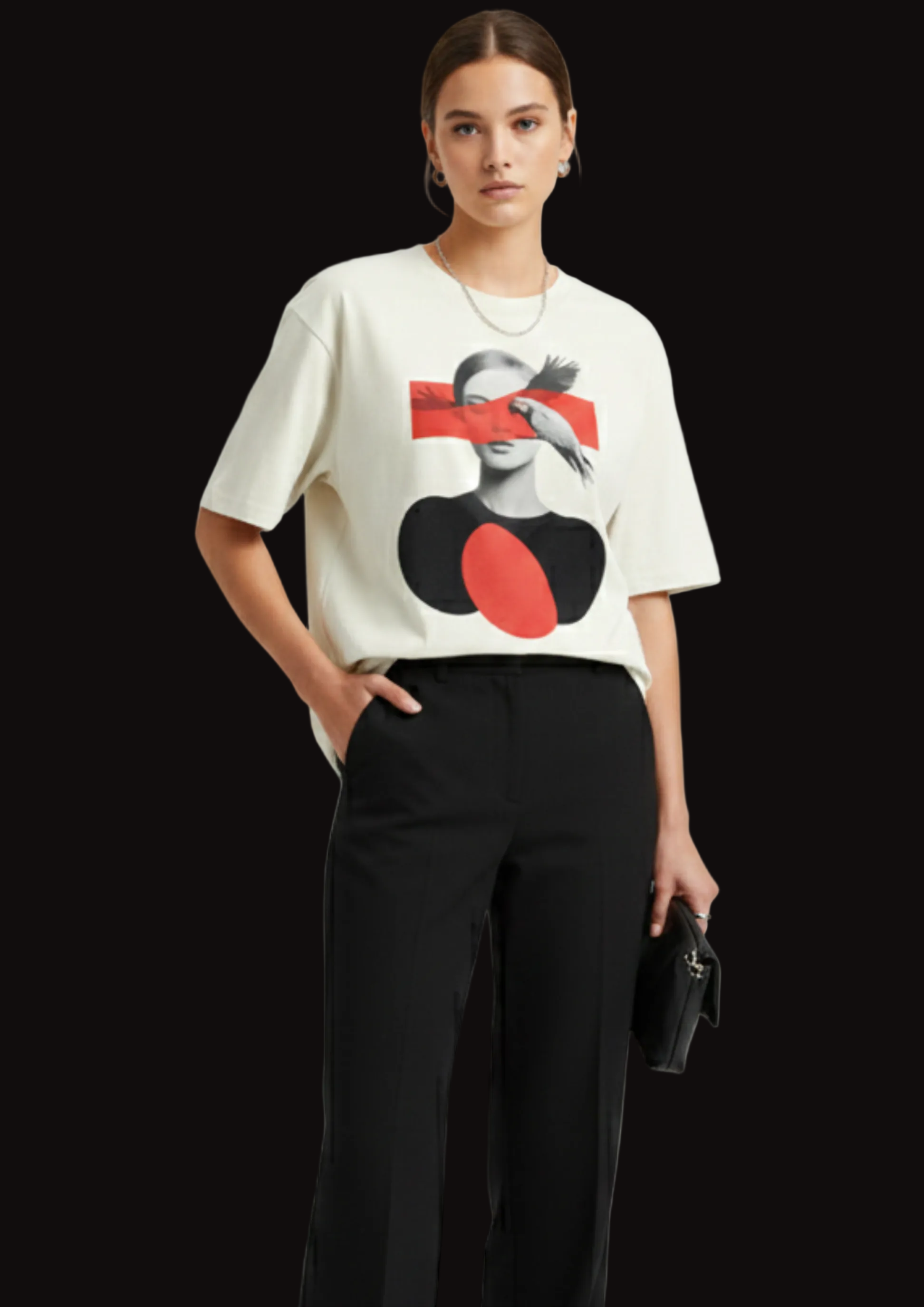 Person wearing a white sweater with a graphic design on a light gray background