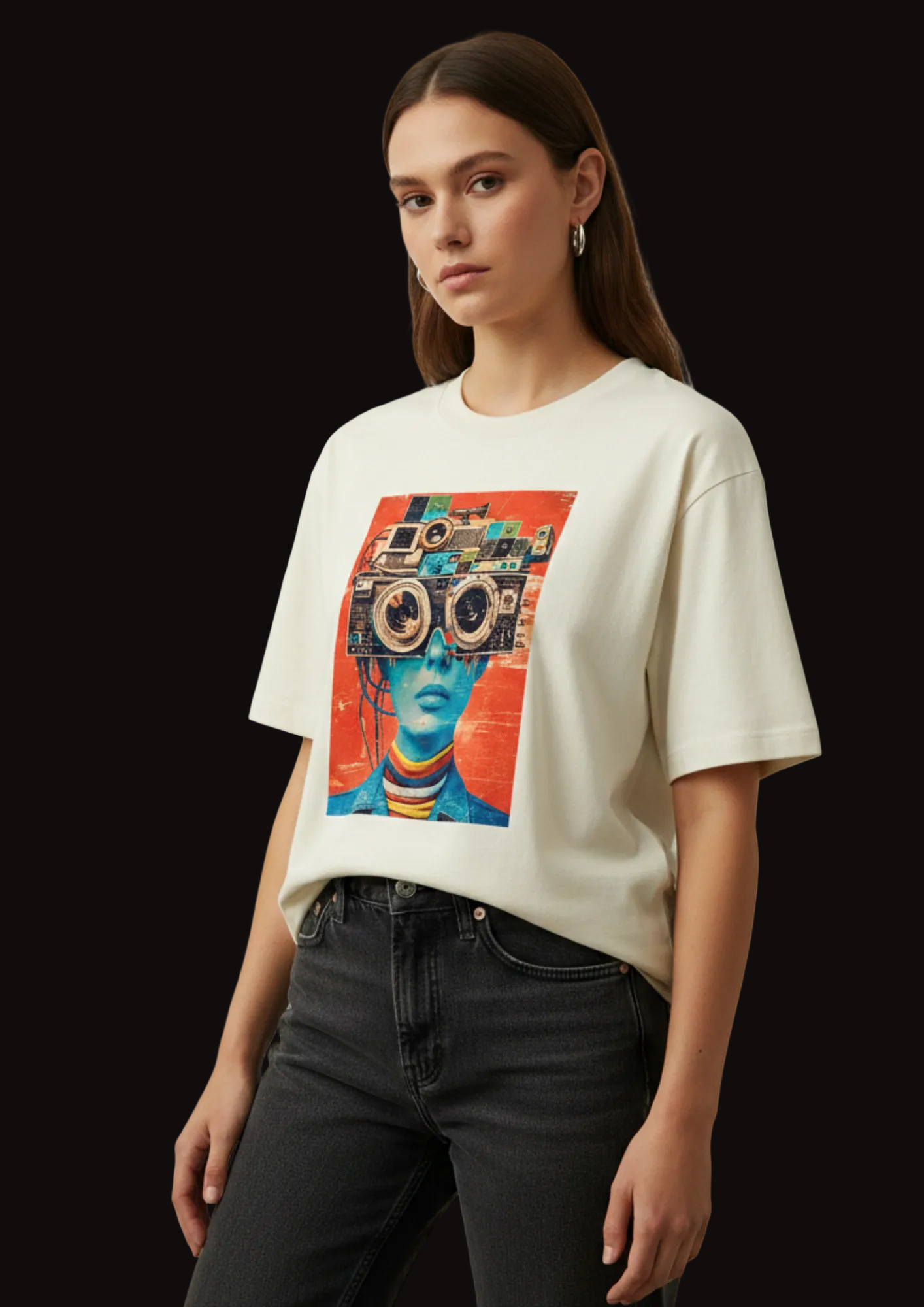 Person wearing a white t-shirt with a graphic design on a plain background