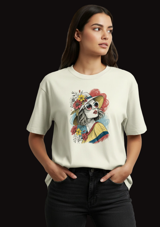 Woman wearing a cream t-shirt with a colorful graphic design on a plain background