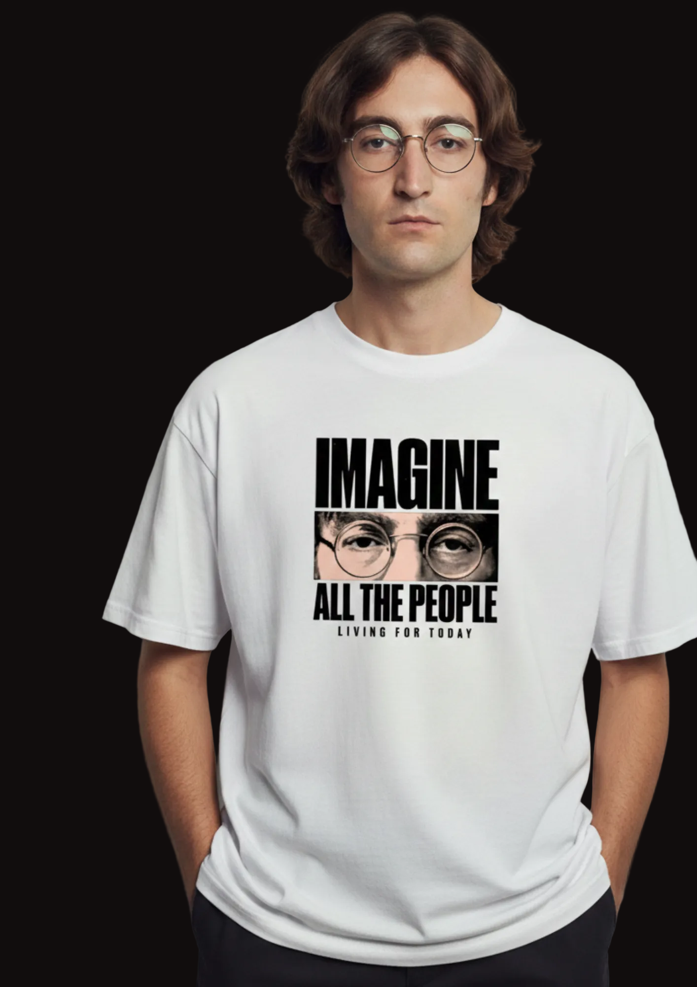Person wearing a white t-shirt with a graphic and text, standing against a plain background