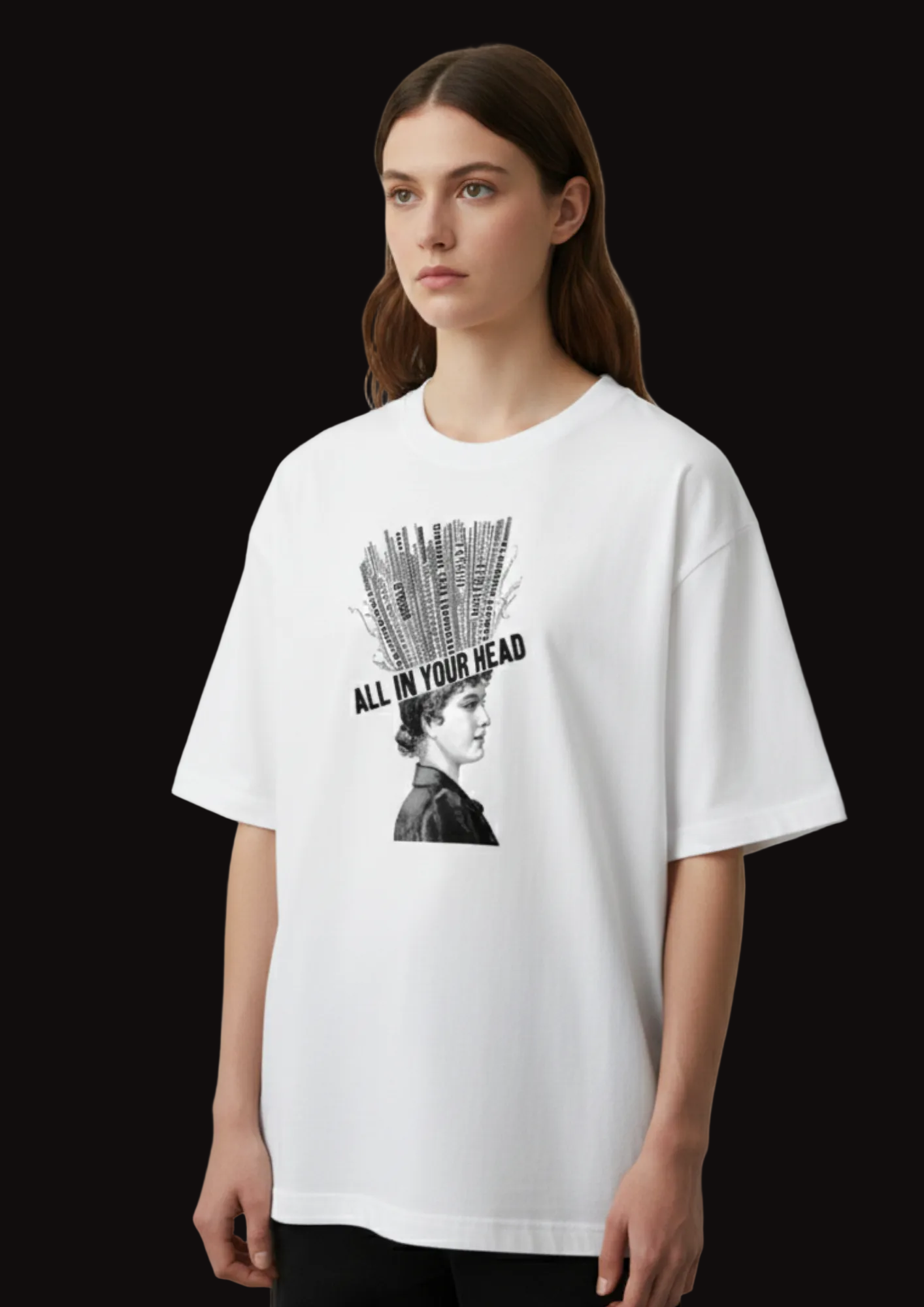 Person wearing a white t-shirt with graphic design and text on a plain background