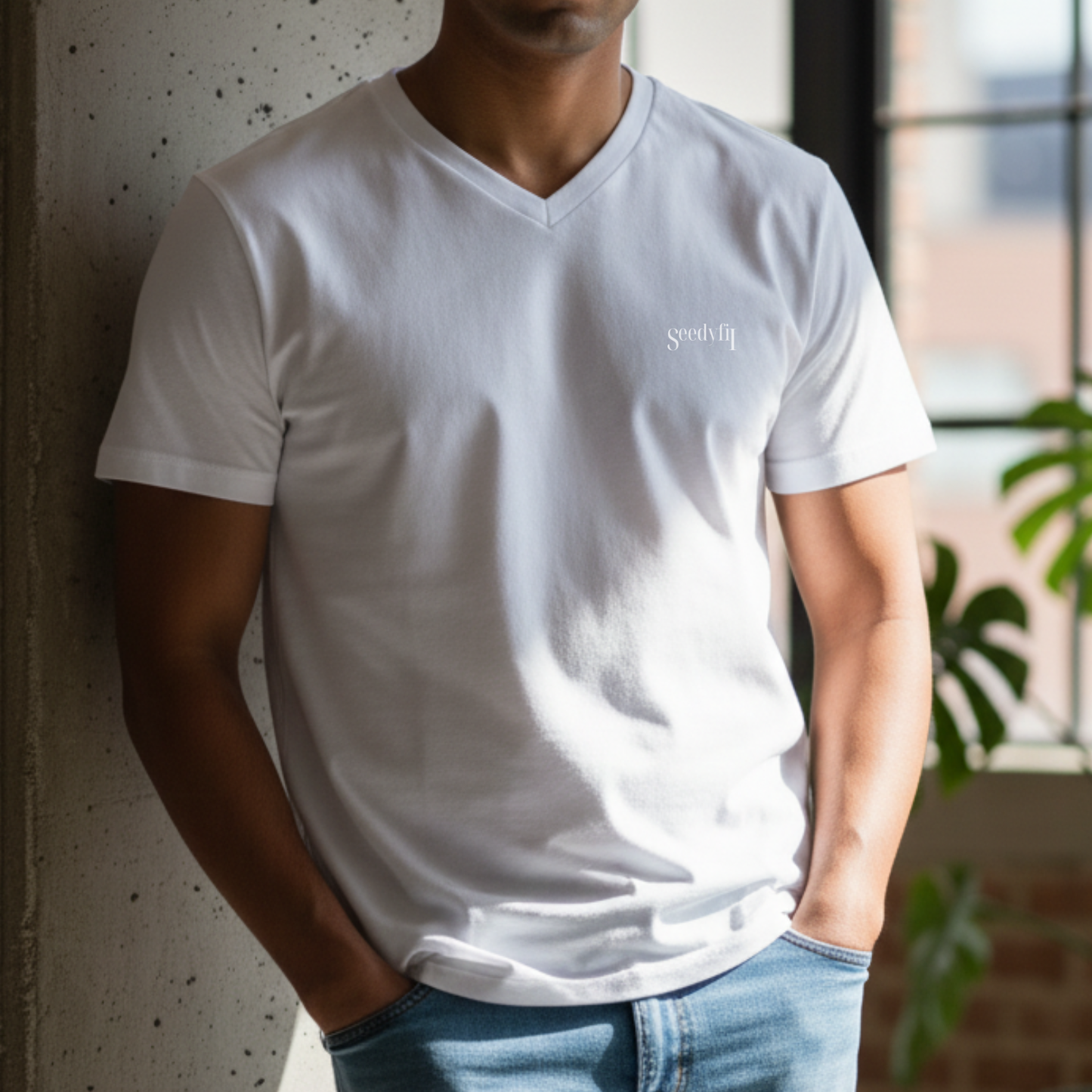 Seedyfii Men's V Neck T-Shirt White