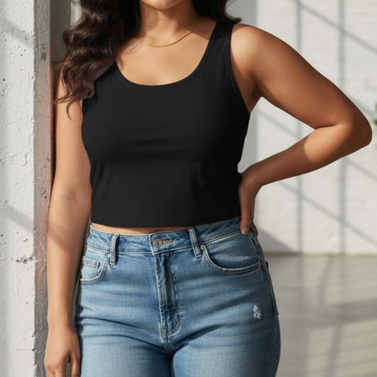 Person wearing a black tank top and blue jeans against a light background
