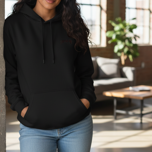 Person wearing a black hoodie with a blurred indoor background