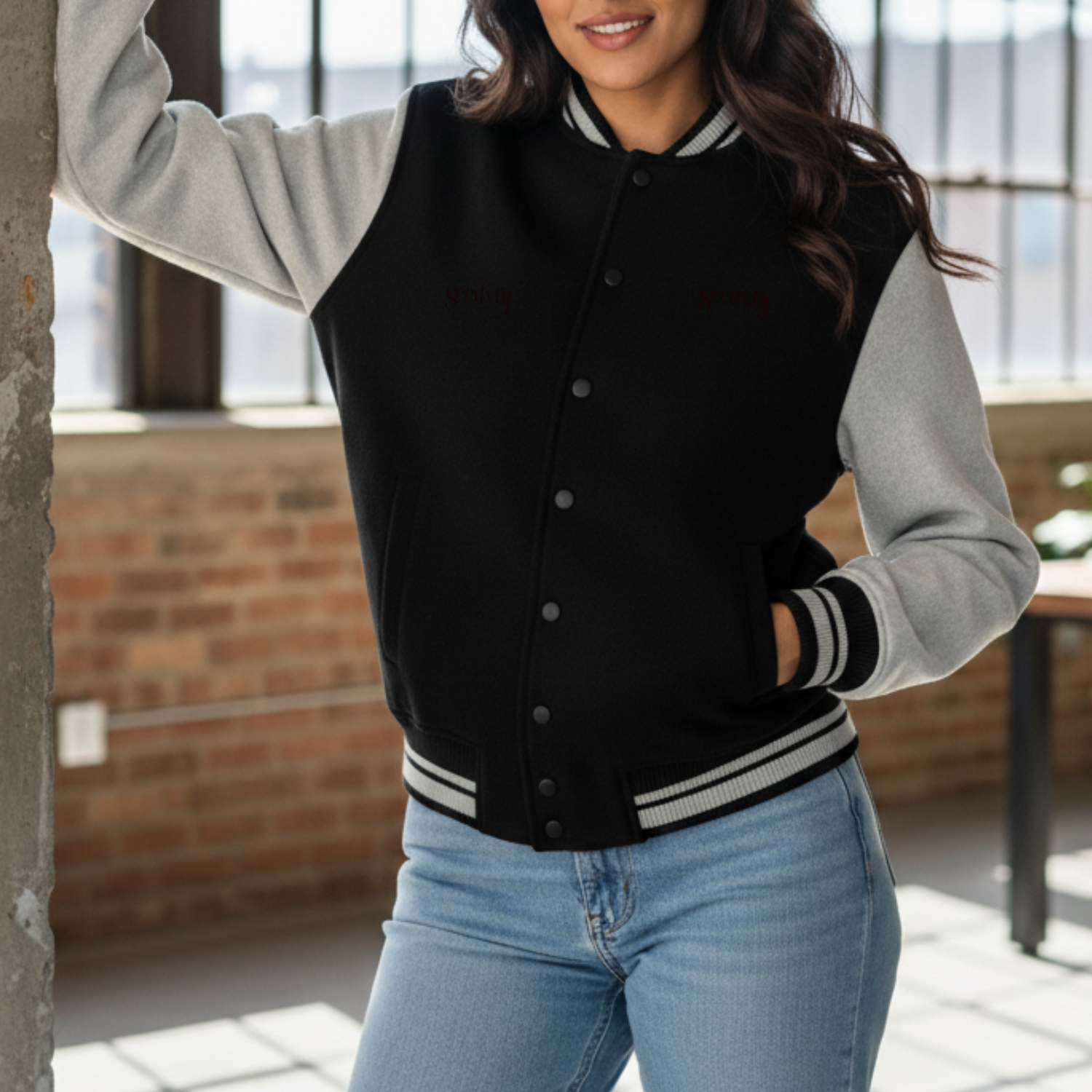 Person wearing a black varsity jacket with gray sleeves in an indoor setting.