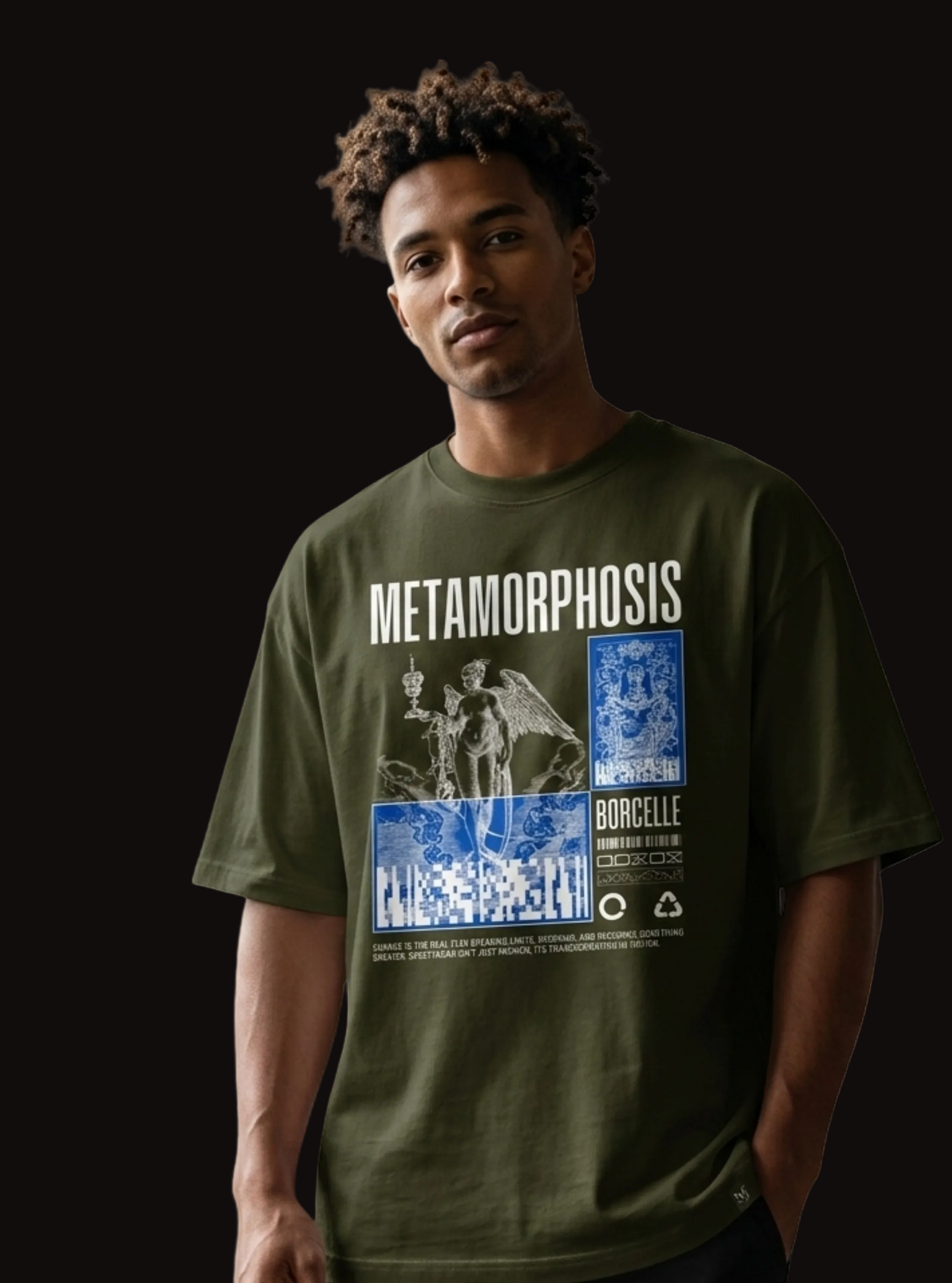 Man wearing a green t-shirt with 'Metamorphosis' graphic design on a beige background