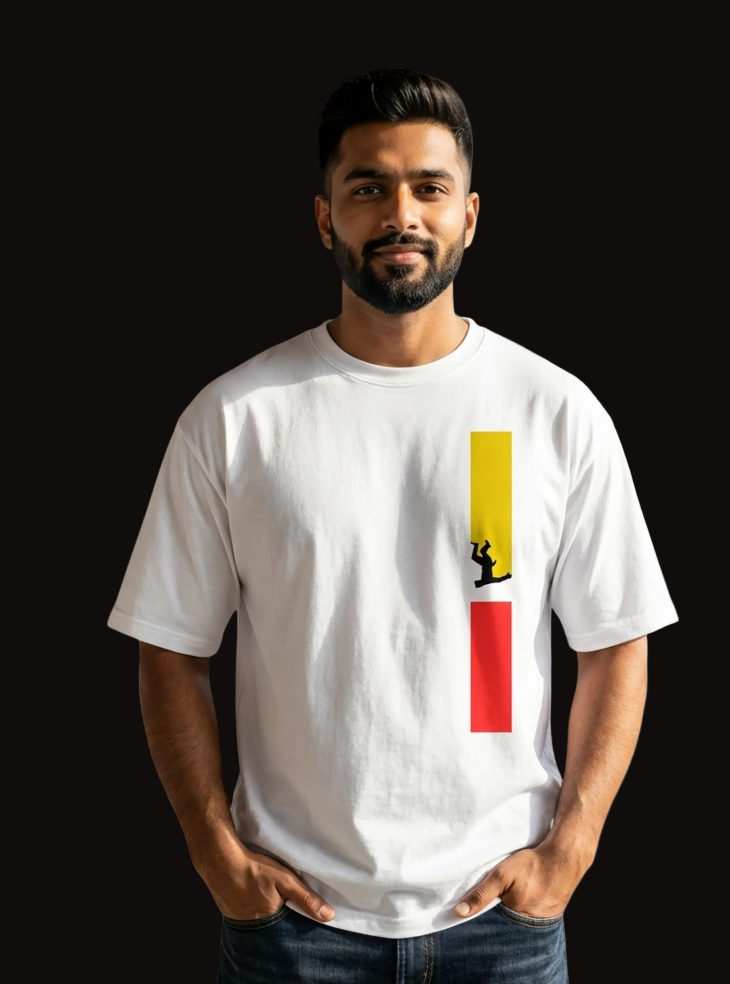 Man wearing a white t-shirt with a colorful graphic design on a beige background